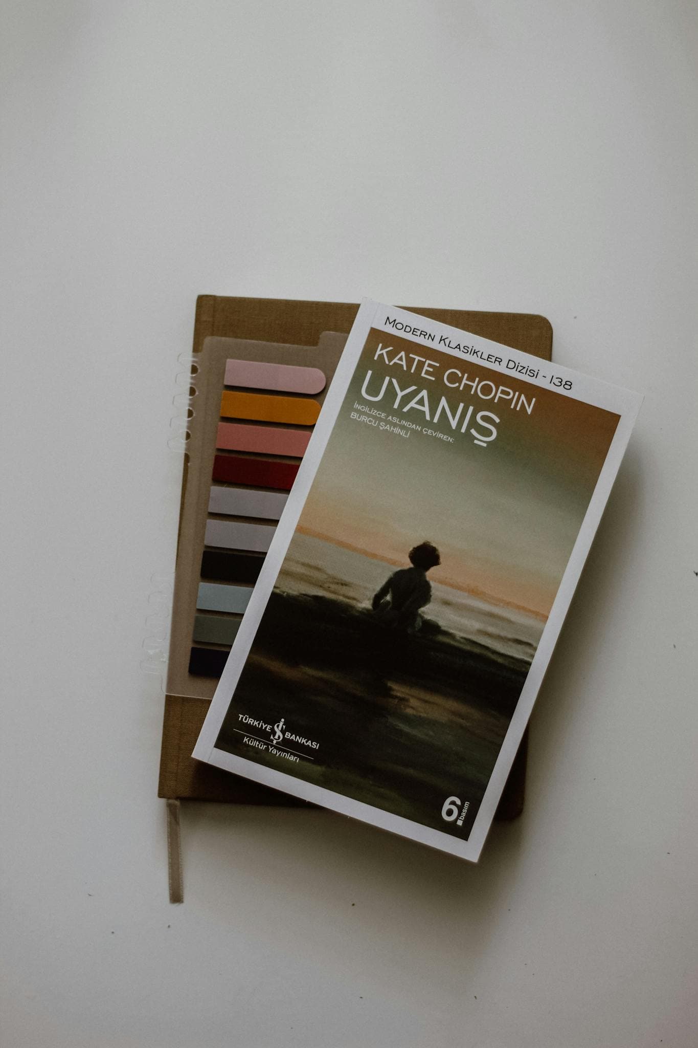 A Kate Chopin book lies on a journal with a color palette indoors.